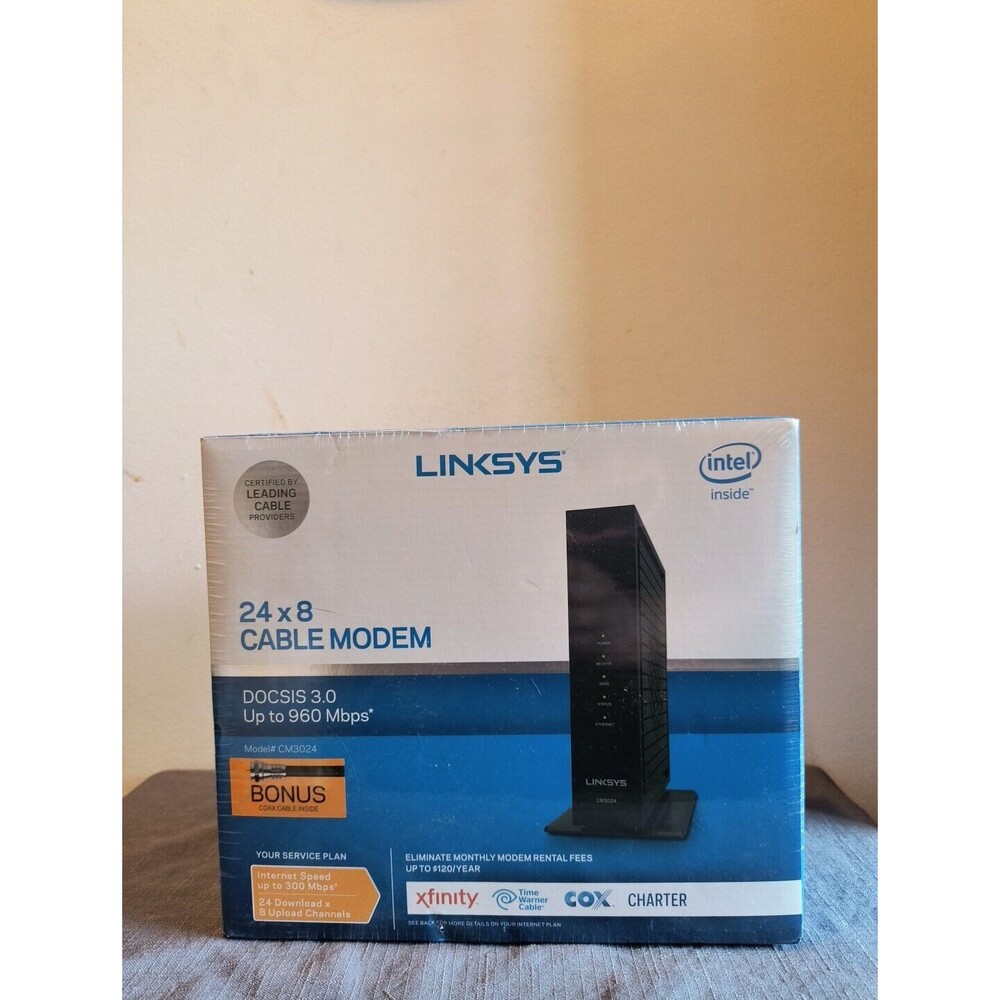 Linksys DOCSIS 3.0 24x8 Cable Modem CM3024 with Coax Cable New In Box